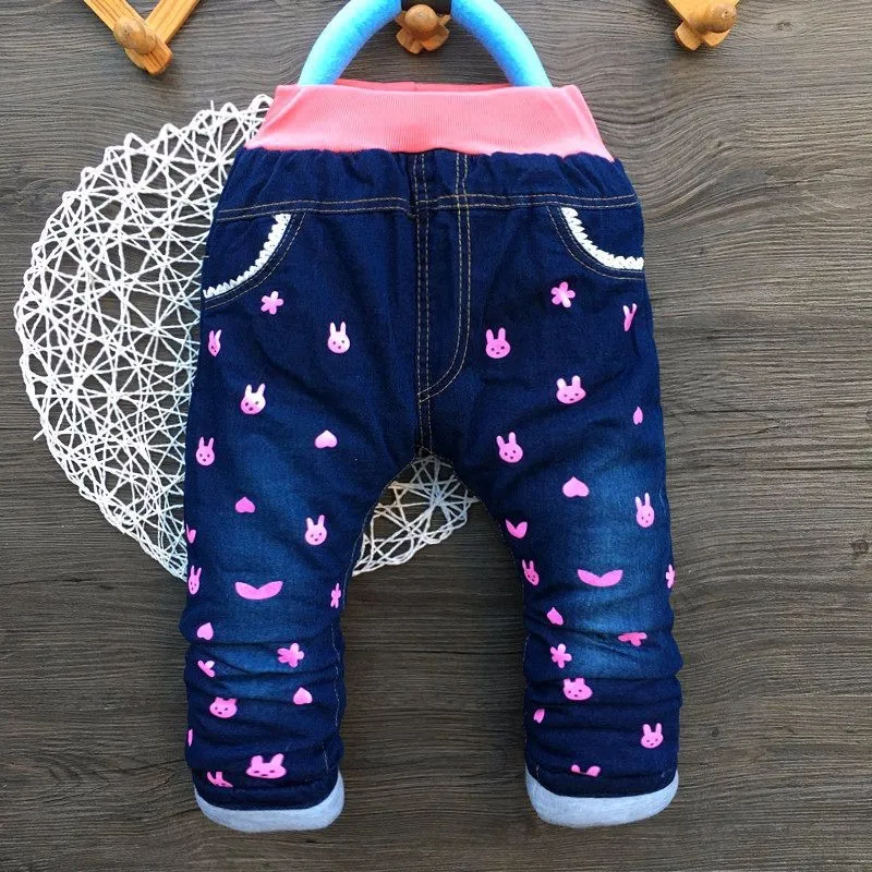 Cotton Padded Jeans Warm Kids Girls Jeans Cartoon Rabbit Infant Trousers New Denim Girl Outerwear 2016 Winter Children Clothing (3)