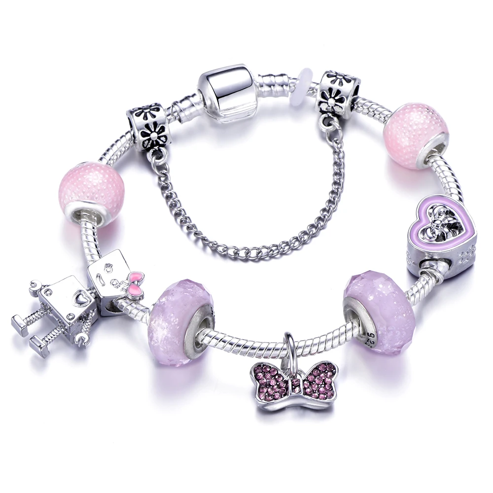 

2019 New Fashion Mickey Minnie Charms Bracelet with Crown Robot Bow-knot Beads DIY Brand Bracelet for Women Jewelry Gift