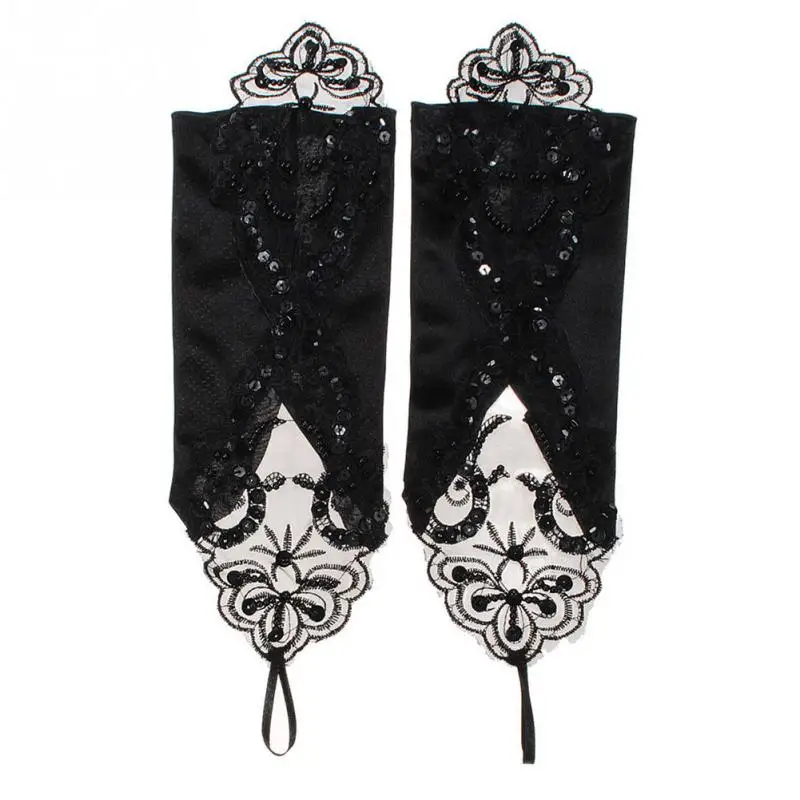 Модные кружевные длинные перчатки, черные, с бисером, тянущиеся, без пальцев, с вышивкой, перчатки в стиле ретро, готика