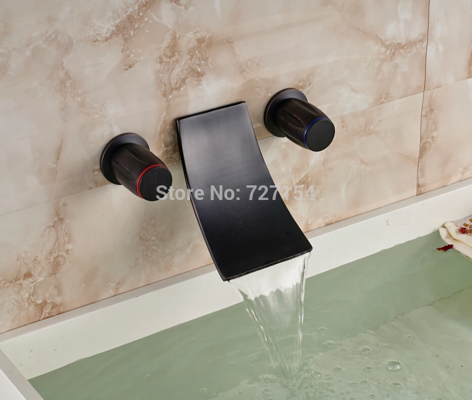 

Bathroom Waterfall Basin Faucet Sink Mixer Dual Handles Oil Rubbed Bronze Finish