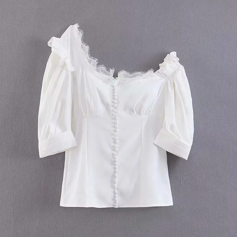 

Sexy Off the Single Shoulder Front Buttons Back Zipper Lace Spliced Blouse 2019 Summer Stylish Streetwear Women White Shirts