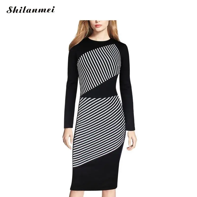 2017 Winter Zwarte Jurk Tuniek Vrouwen Formele Werk Office Schede Patchwork Lijn Ronde Hals Knielengte Plus Size Potlood Jurk 5xl