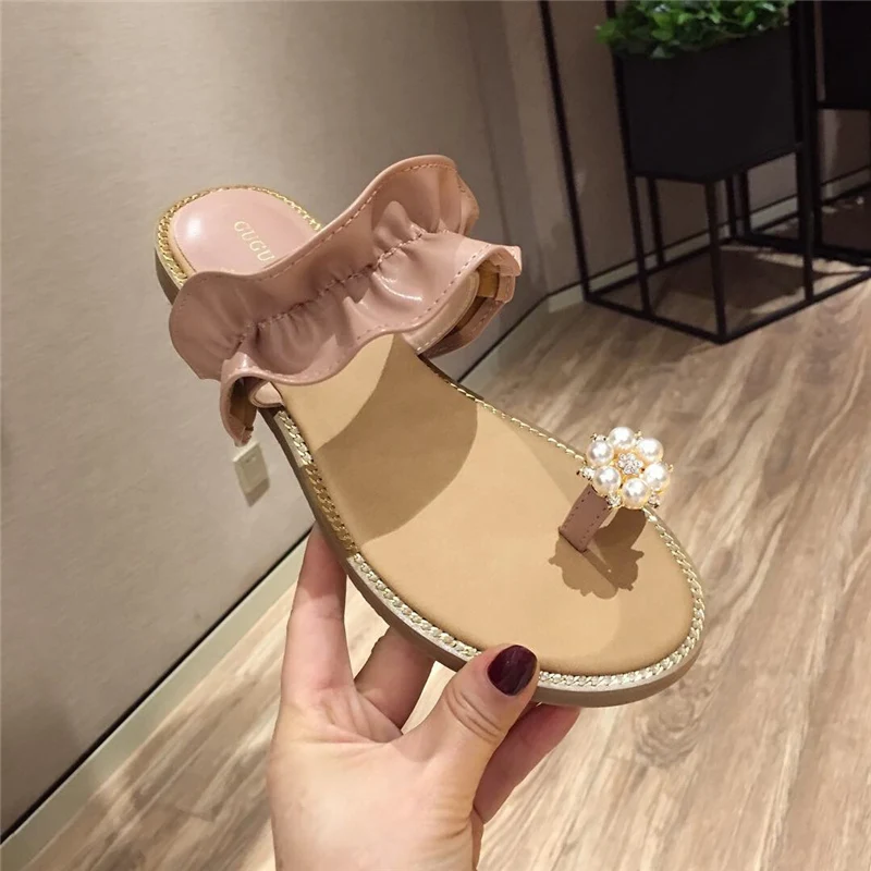 

Summer Sweet Women Pearl Pink Flat Slides Mules Slip On Open Toe Outdoor Beach Flip Flop Casual Ruffles Slippers Wholesale Shoes