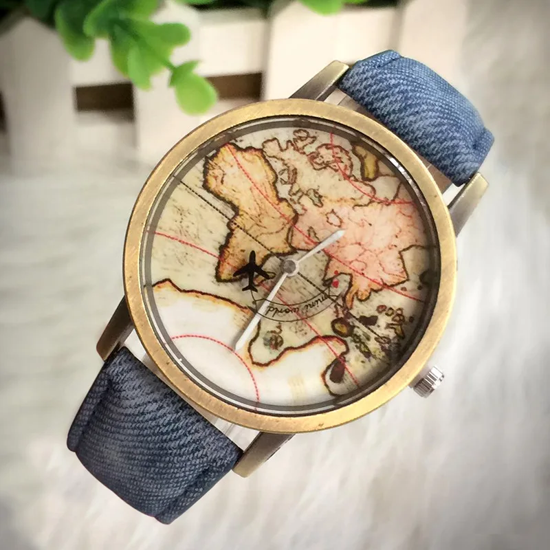 Для женщин часы модные Винтаж ремень для мужчин кварцевые часы унисекс географические карты самолет путешествия по всему миру наручные