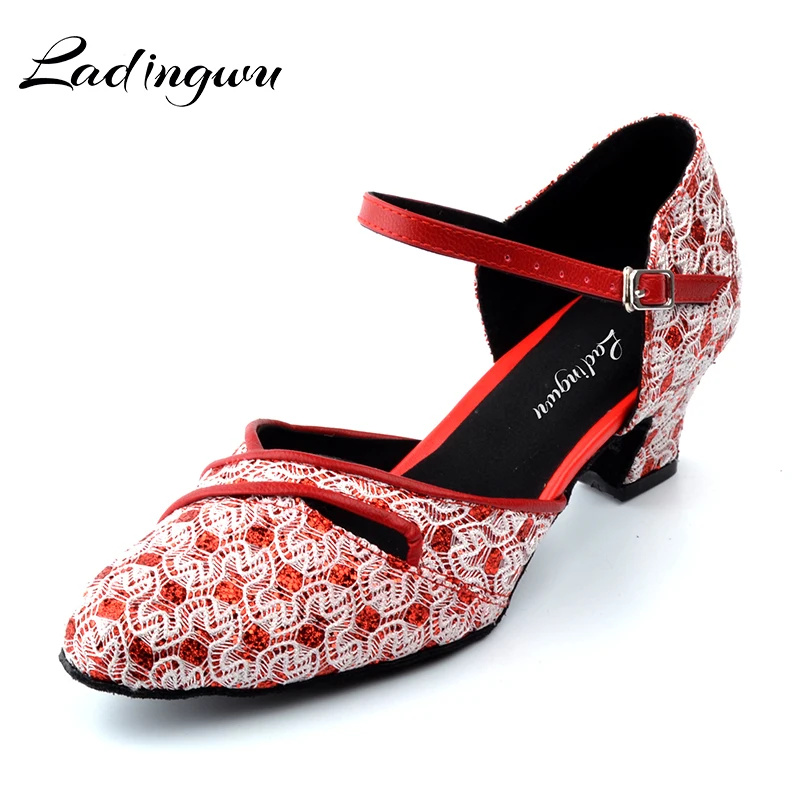 

Ladingwu Flash Cloth Dance Shoes Woman Latin indoor Gray/Red Ballroom Dance Competition Shoes Heel 5/6/7.5/8.3cm Closed Toe