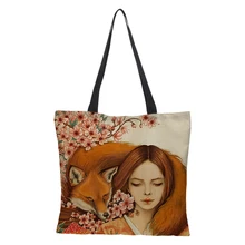 Женская сумка через плечо, специальная ручная сумка на заказ, двусторонняя Льняная сумка с принтом, сумка для покупок с рисунком животных