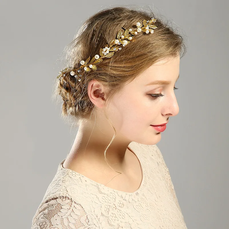 New Arrival Baroque Gold Color Leaf Bridal Hair Accessories Wedding Headband Fashion Pearls
