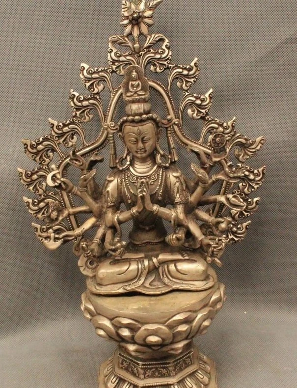 

13"China Tibet Buddhism Folk Silver Sit 18 Arms Avalokiteshvara of Goddess Statu
