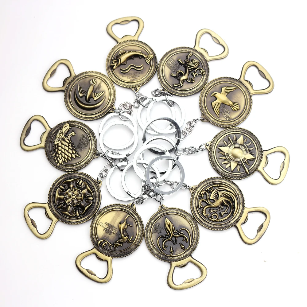 

Game of Thrones Corkscrew Keychain Ancient Bronze Lannis Tuli Stark Logo Pattern Beer Opener Keychain for Men's Portable Jewelry