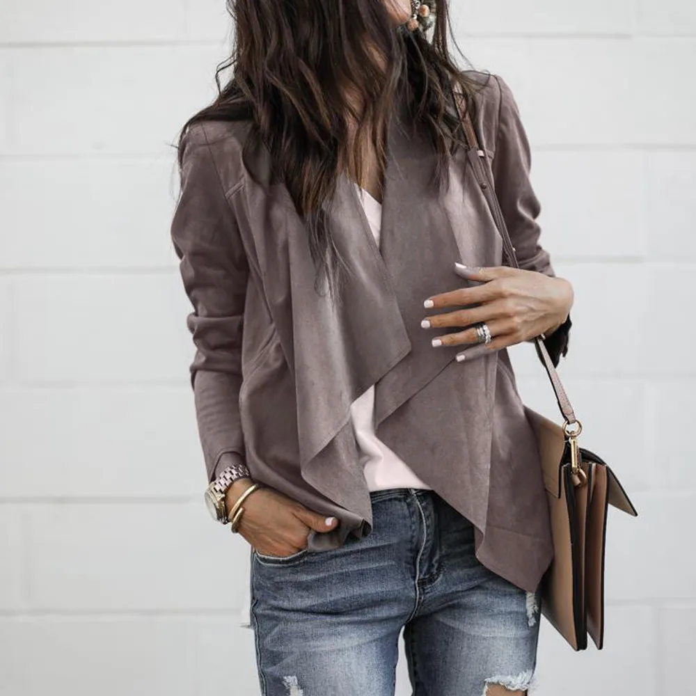 Womens Coat Jacket Fashion Faux Suede Open Front Cardigan Turn-Down Collar Short Suit Work Office Outwear