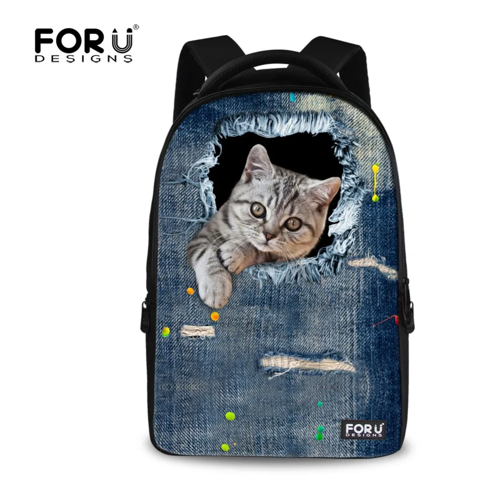 FORUDESIGNS Cute Animal Denim Cat Print font b Backpack b font for Teenage Girl Large Student