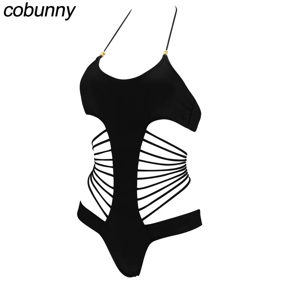 Cobunny Black Solid One Piece Swimsuit 2017 Women Strappy Cut Out Swimwear Halter Bandeau