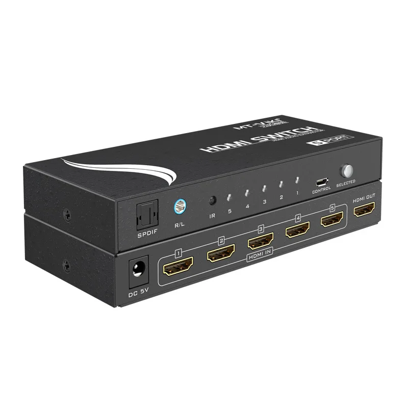 MT-SW005 4Kx2K HDMI five input and one output switcher with stereo fiber optic audio separation and decoding remote control