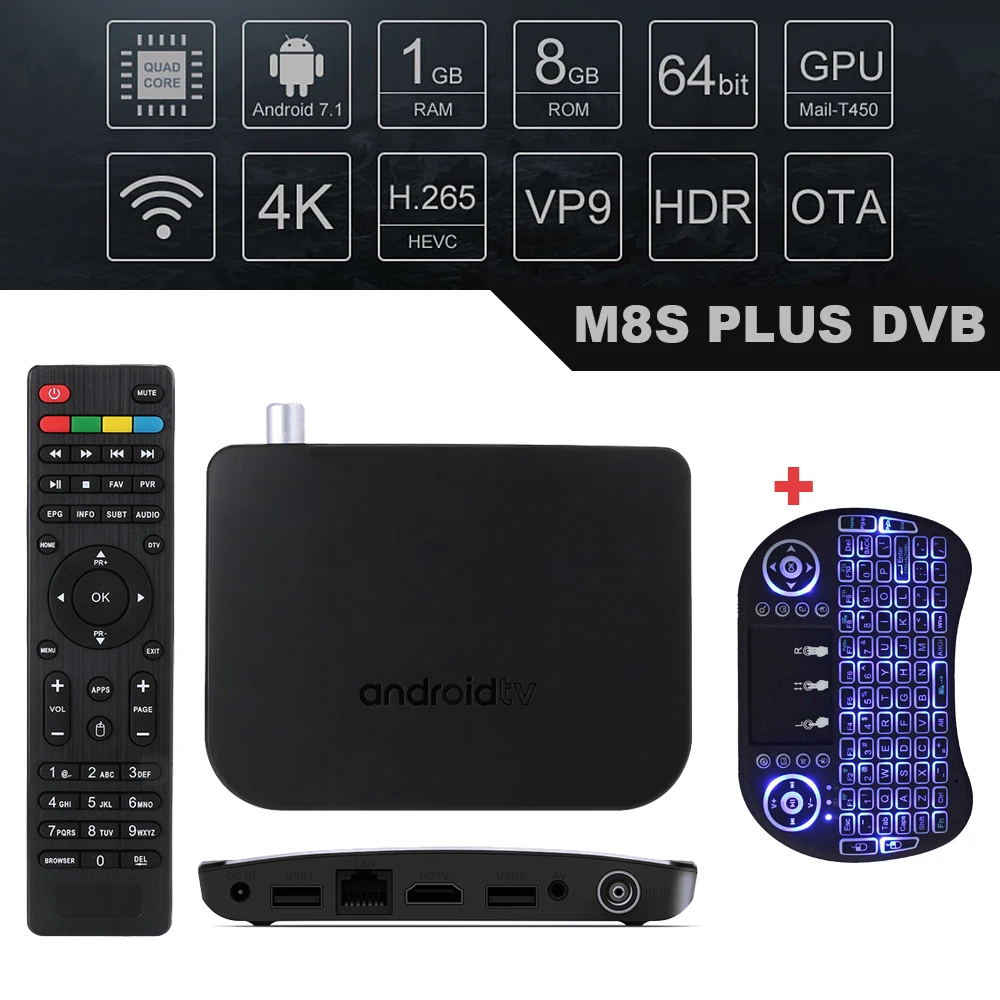 

DVB-T2 Terrestrial Android 7.1 Combo TV Box Amlogic S905D Quad Core 64-bit 1GB/8GB Support 1080p 4K 30fps M8S PLUS DVB