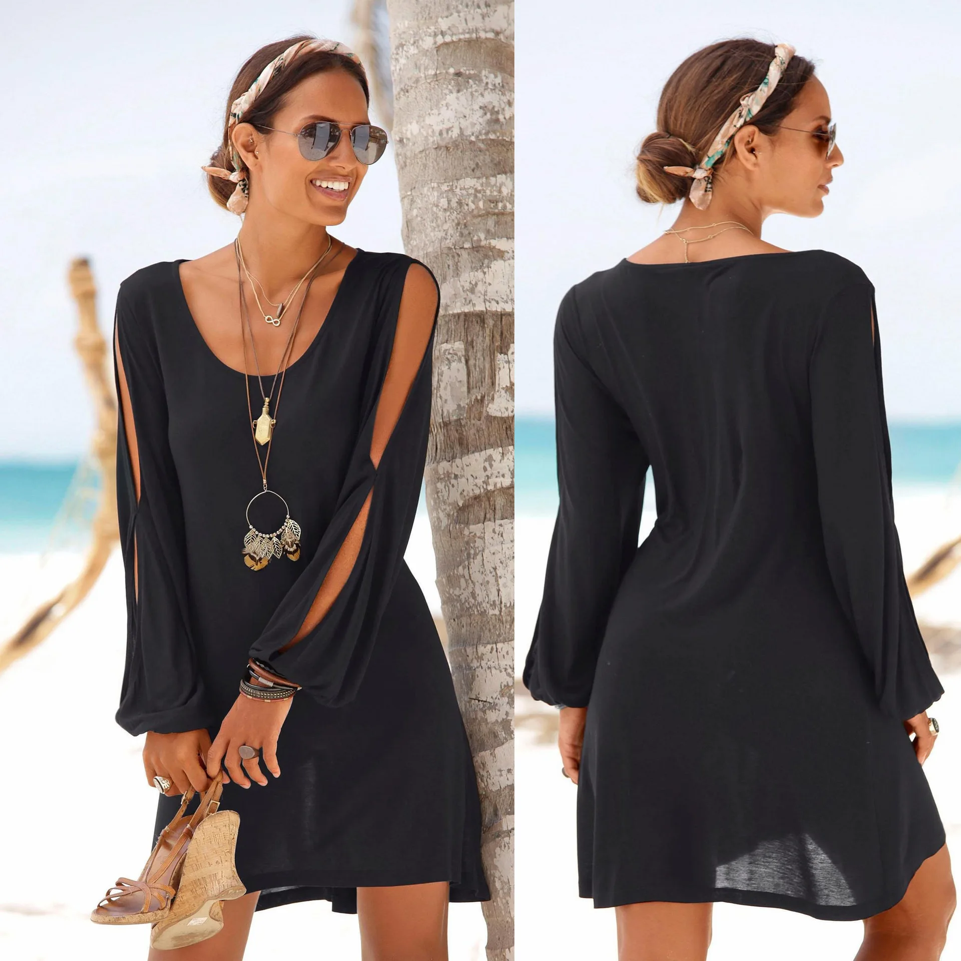 

Dress Fashion Women Casual O-Neck Hollow Out Sleeve Straight Dress Solid Beach Style\dress women