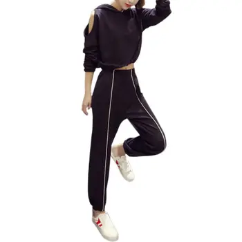 

2 PC Women Off Shoulder Sweatshirts Set Casual Athletic Strapless Hooded Pullover Long Sleeve Sportswear Long Sweatpants Sets
