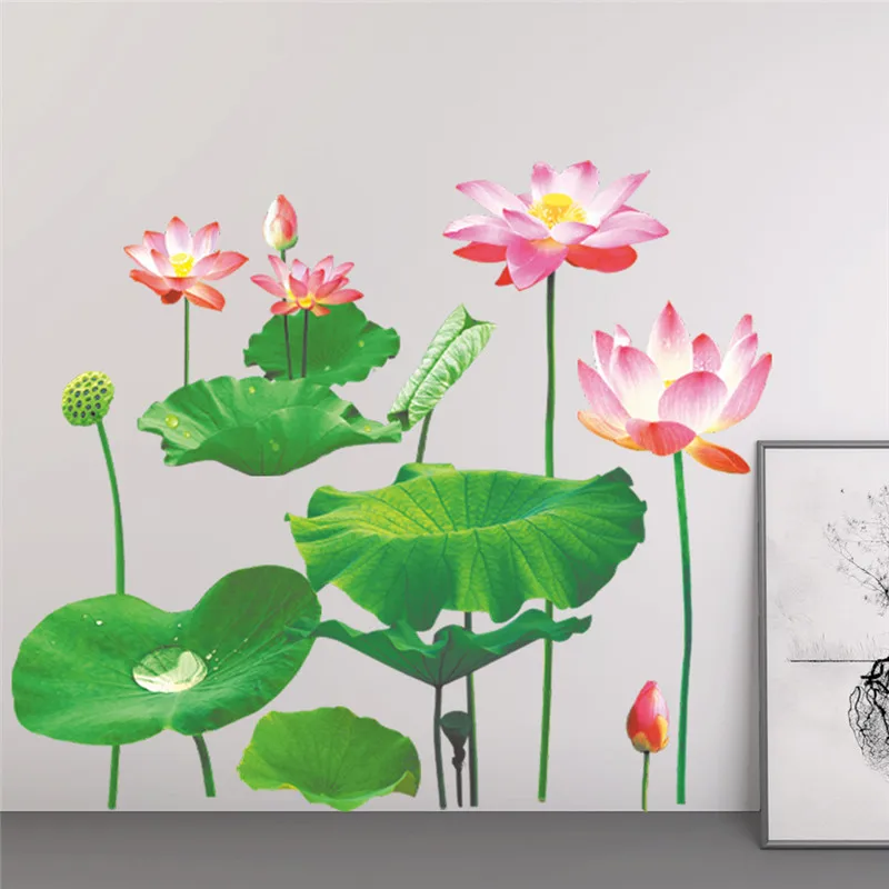 Lotus Leaf Pond 3D Wall Stickers Pink Lotus Flower Decal 60x90cm Sofa Home Decor