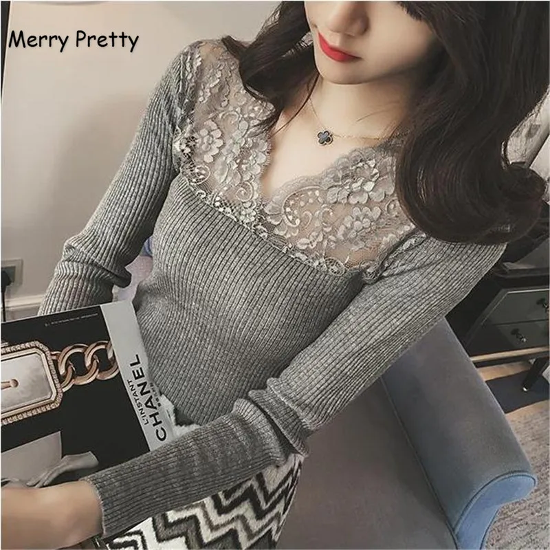 

Merry Pretty New High Quality Spring Autumn Women Sweater Sexy Lace Patchwork V-neck Lady pullovers Black knitted Tops Plus Size