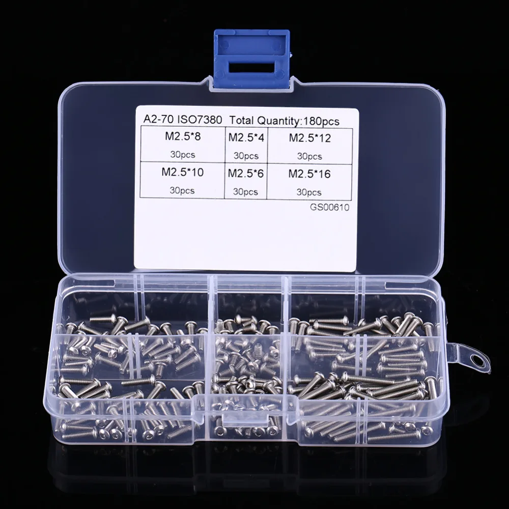 

180pcs/set M2.5 Hex Socket Pan Head Screws Stainless Steel SS304 M2.5 Screw Assortment Kit Fastener Hardware