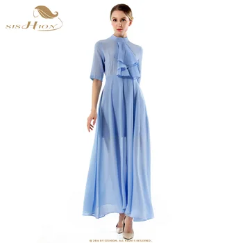 

SISHION Women Summer Long Beach Dress 618 Elegant Casual Half Sleeve Sky Blue White Chiffon Dress robe ete femme