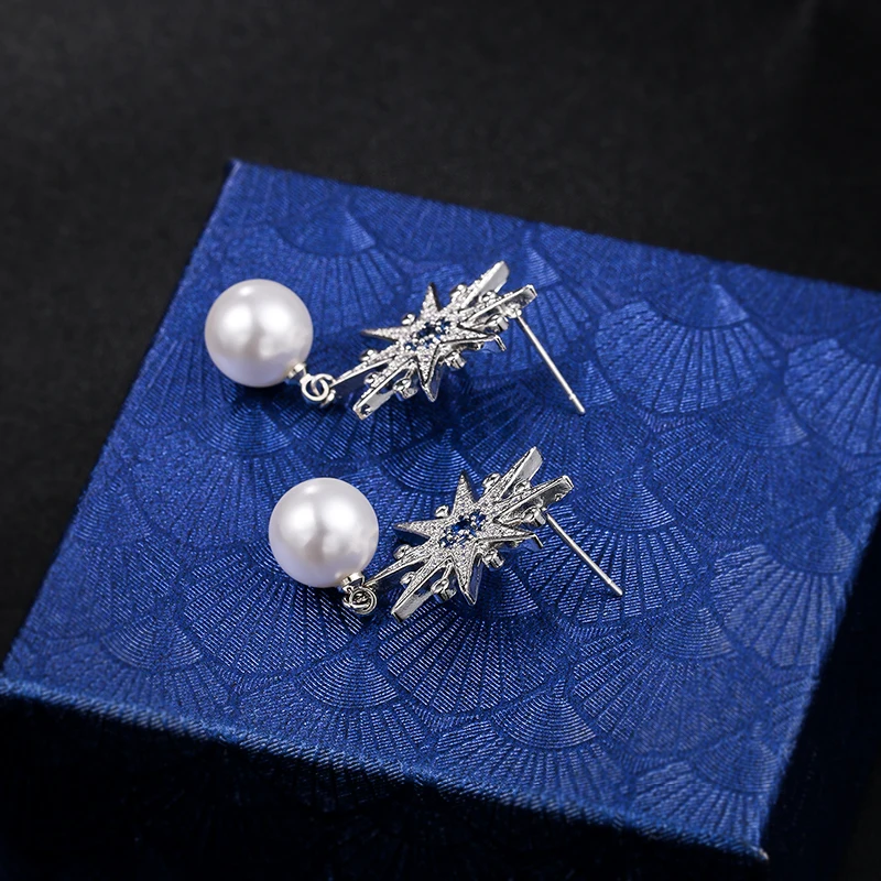 WEIMANJINGDIAN New Arrival Starburst and Simulated Pearl Cubic Zirconia CZ Crystal Dangle Drop Earrings for Women