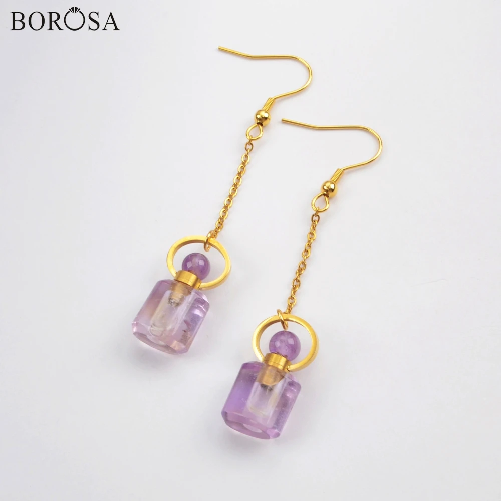 

BOROSA 3Pairs Fashion Perfume Bottle Shape Natural Amethysts Drop Earrings Scent-bottle Shape Gems Women Earring as Gifts WX1168