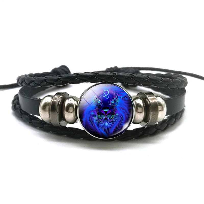 DropShiping Gemini Cancer Leo Virgo Libra Scorpio 12 Constellation Black punk Leather Bracelet Zodiac Bracelet for Men Women