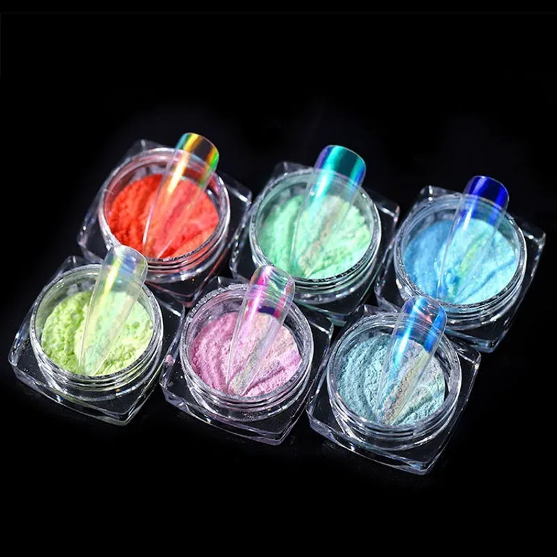 

1 Jar Nail Glitter 6 Colors Ice Transparent Aurora Pigment Fine Powder For Manicure Nails Gel Tips Decorations 3D Designs GW032S