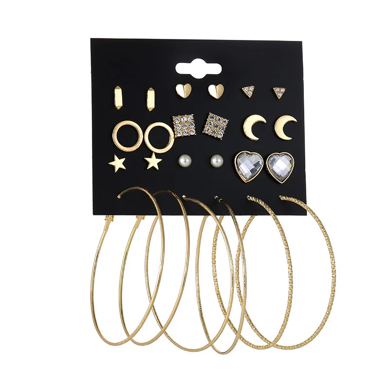 

Ziris Fashion Cute Heart CircleEarring Set Mirrior Glass CrystalMetal Geometric Stud Anti-allergic Earring for Girls