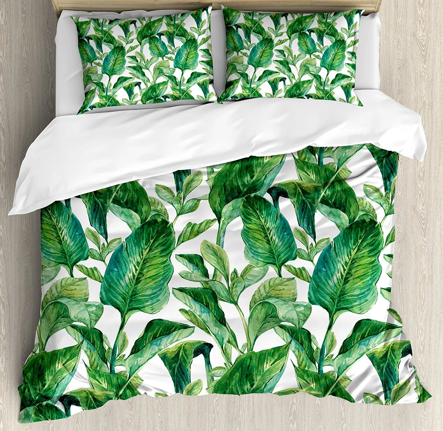

Leaf Duvet Cover Set Romantic Holiday Island Hawaiian Banana Trees Watercolored Image, Decorative 4 Piece Bedding Set