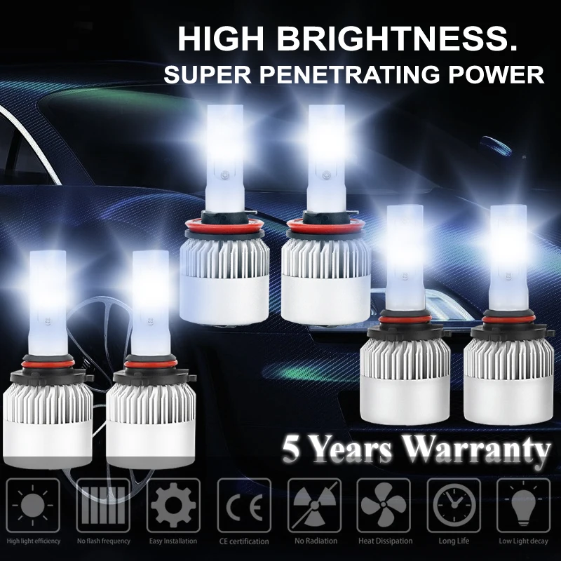 Autech 3 Pairs 9005 HB3 + 9006 HB4 + H11 H9 H8 LED Headlights Bulbs