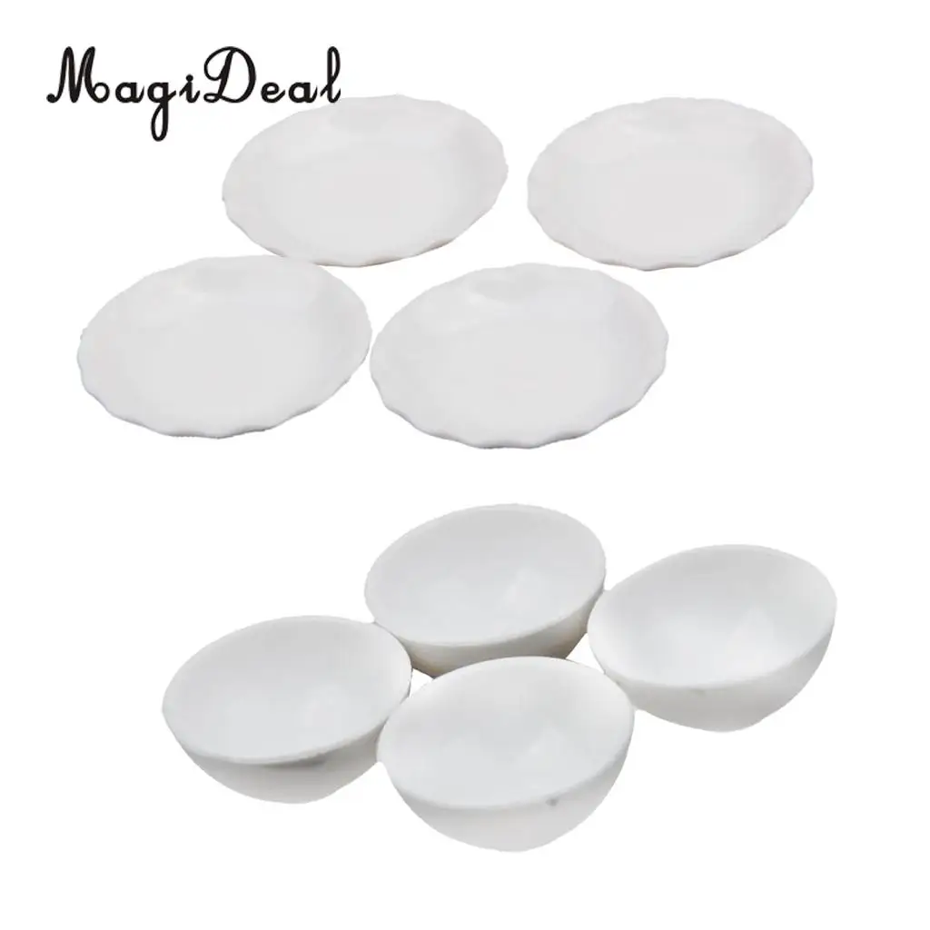 1/12 Scale Dollhouse Miniature White Ceramic Bowls Dishes Plate Kitchen Tableware for Dolls House Life Scenes Pretend Play Toys