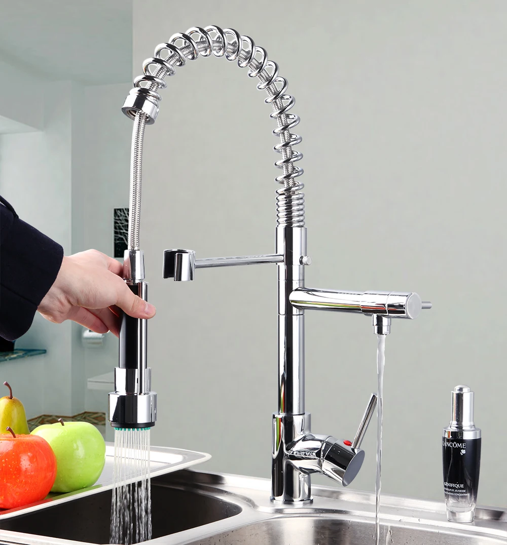 New Free Shipping Pull Out UP Down With Sprayer Kitchen Sink Chrome Brass Deck Mounted CQ0002