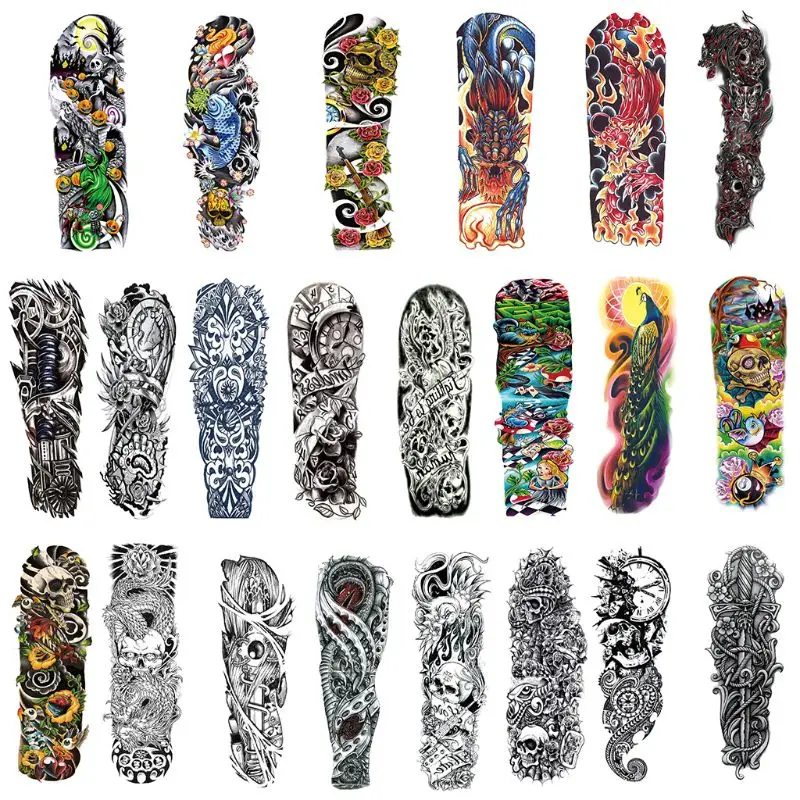 

1 Sheet Large Full Arm Temporary Tattoo Sticker Waterproof Skull Rose Lotus Fish Women Men Body Art Paint Fake Tattoo Sleeves