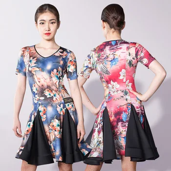 

Latin Dance Dress Short Sleeve Printing Samba Cha Cha Tango Salsa Dancing Dresses Women Lady Performance Wear Clothes DNV11743