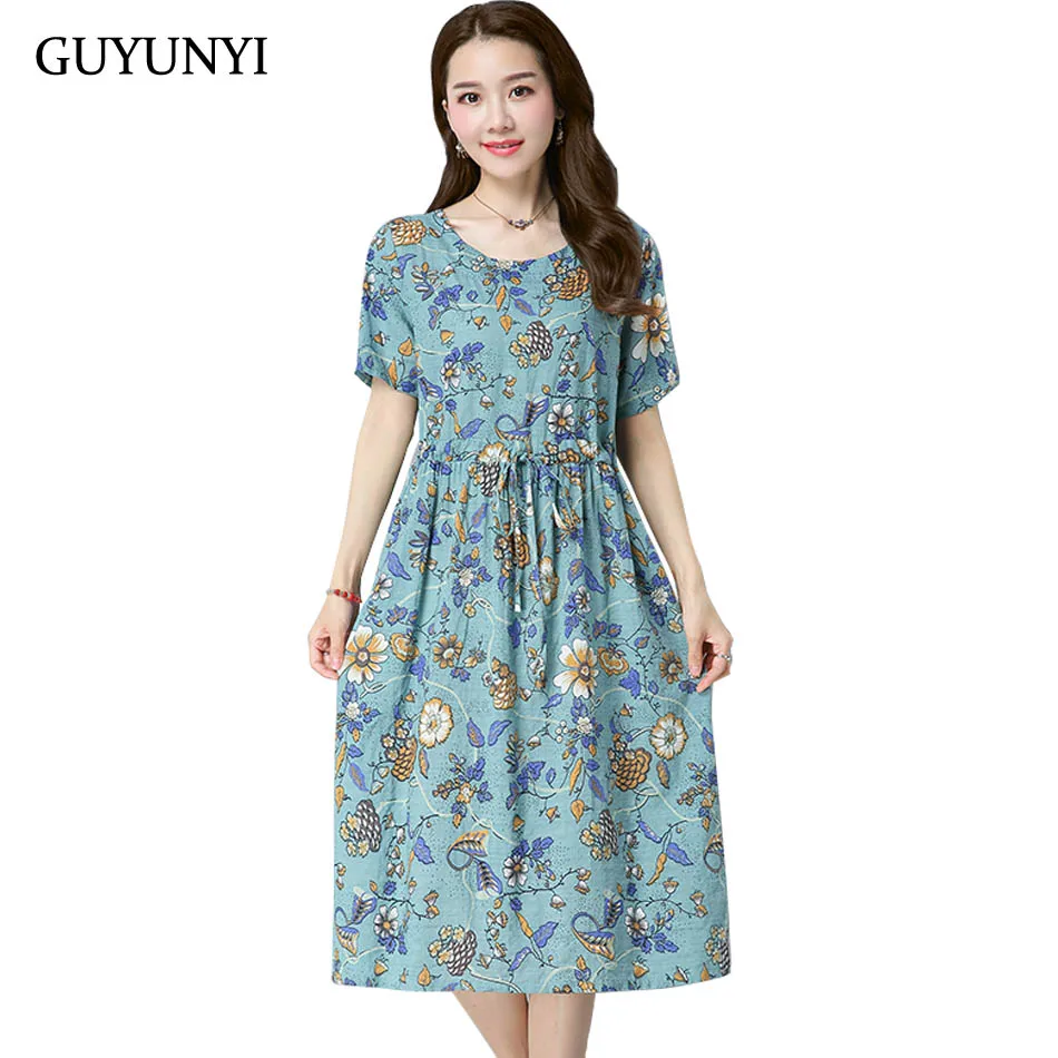

GUYUNYI Summer Vintage Dress Cotton Linen Floral Print Dress Loose Women Clothes Waist Drawstring Adjustment Width CX904