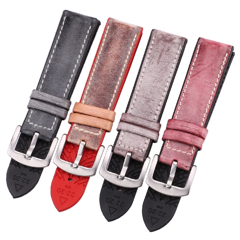 HENGRC Watch Band High Quality Cowhide Genuine Leather Rubber Watch