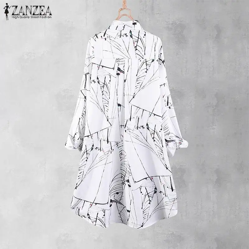  Plus Size Tunic Women Printed Blouse Long Shirt 2019 ZANZEA Casual Button Down Shirt Chemise Female