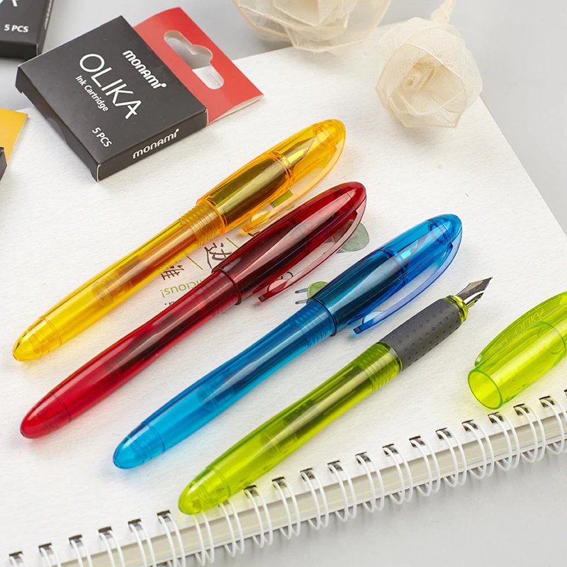 Korea monami OLIKA Extra Fine Tip 0.38 mm Student Fountain Pen Set  Transparent (1 Pen + 3 Ink Cartridges) Kawaii Stationery