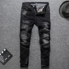 Модные Классические мужские джинсы, черные, белые, с эффектом потертости, эластичные, рваные джинсы, сшитые, дизайнерские, обтягивающие, уличная одежда, хип-хоп джинсы для мужчин
