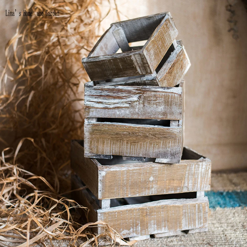 set of 3 farmhouse shabby square handmade solid vintage wooden crates