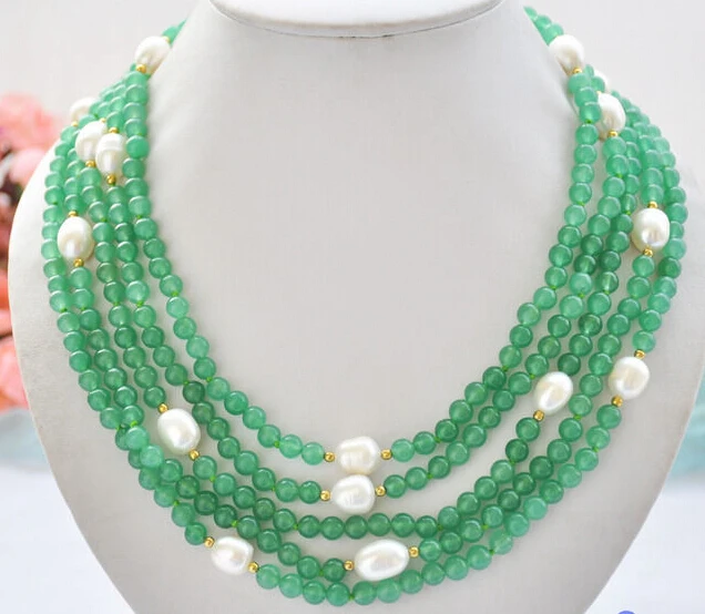 

Hot sale 5row 6mm round green Natural stone 13mm rice white freshwater pearl necklace