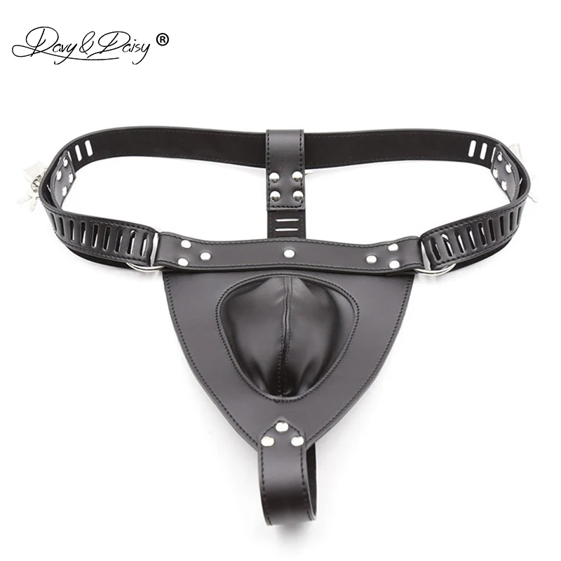 DAVYDAISY Men Chastity Belt Lock Cock Panties PU Leather Gay Fetish Thongs Sexy Lingerie Exotic Briefs Male Underwear UN533