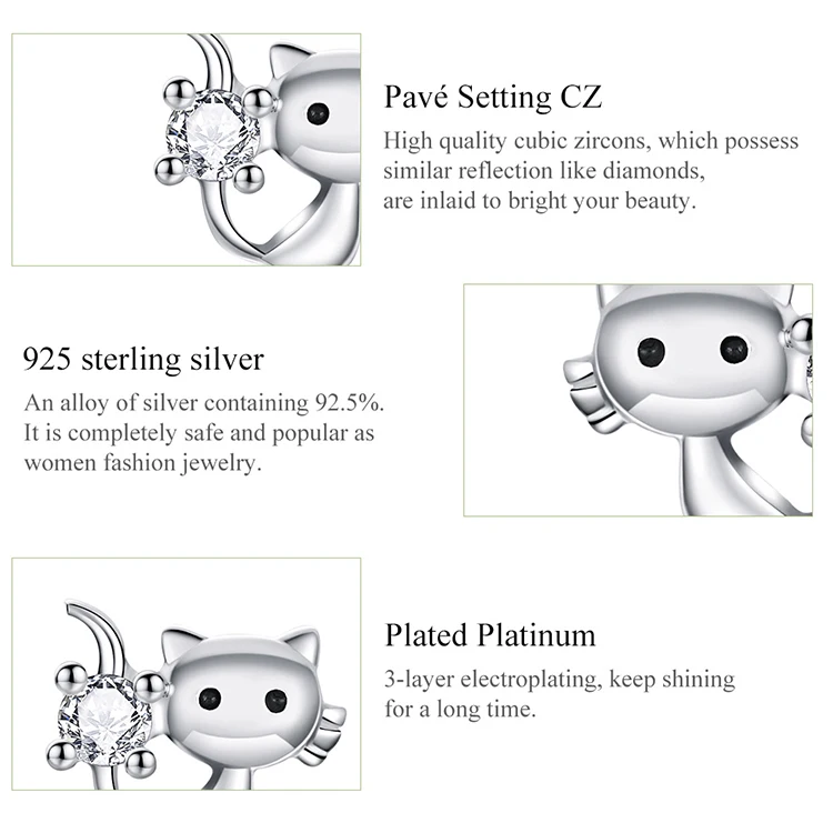 WOSTU, Настоящее серебро 925 пробы, Симпатичные серьги-гвоздики с котом, маленькие серьги для женщин, свадебные, обручальные ювелирные изделия CTE246