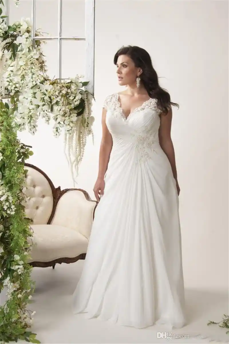 Plus Size Sexy V Neck Lace Chiffon Wedding Dresses 2019 Lace Up