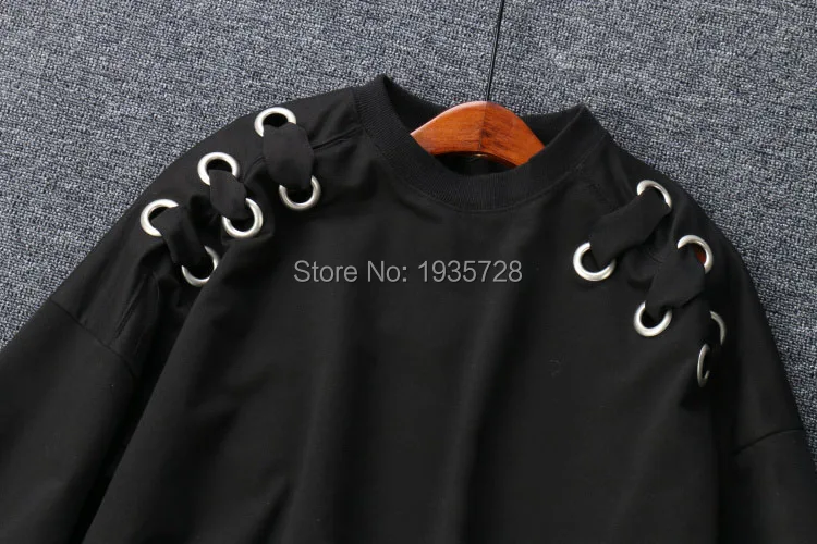 Col Nouveau Surdimensionné Longueur Noir 2017 Avec Sweat Oeillet En Longues Élégant Manches Rond Poignets Hanche Élastiques Femmes wIdqzq