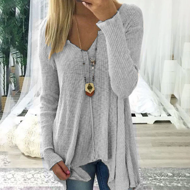 Women Sweater Pullover Basic Tops Solid Color V-Neck Essential Jumper Long Sleeve Sweaters Women Long Irreular Sweater