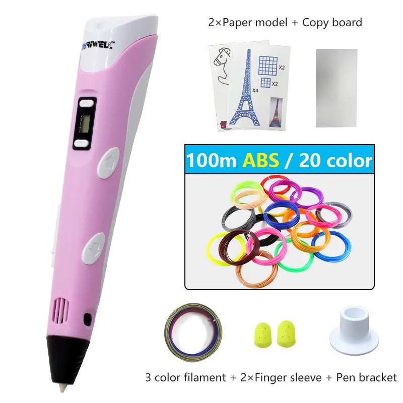 Myriwell,, RP-100B, 3D ручка для печати, 1,75 мм, ABS, смарт, 3d ручки для рисования с нитью, светодиодный дисплей для детей, подарки - Цвет: Pink 100m filament