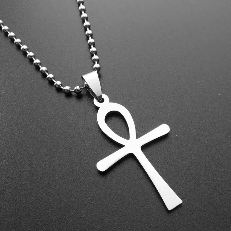 Men Cool Stainless Steel Cross Ankh Pendant Necklaces Small Beads Chain ...