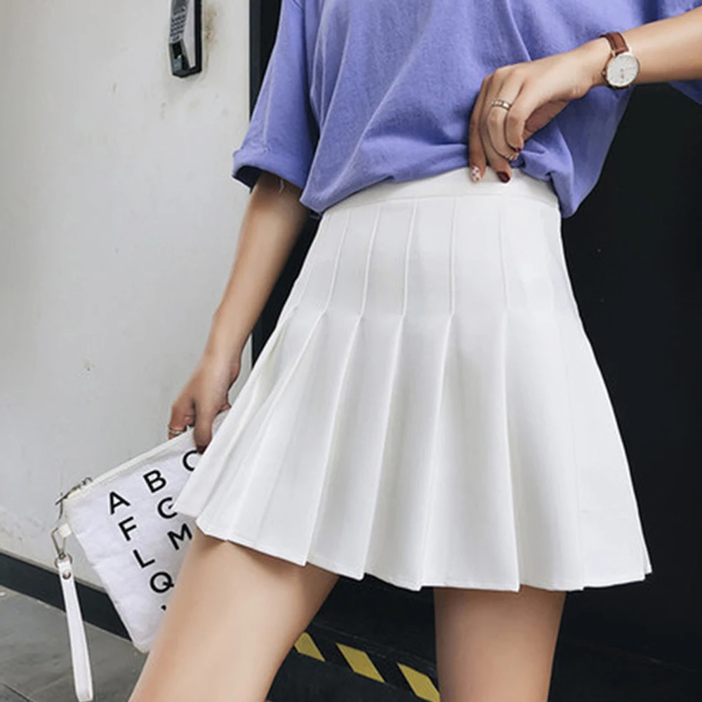 

Spring and summer new style Fashion and temperament high waist a skirt College style solid pleated skirt
